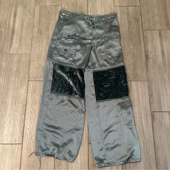 Anna Sui- NWOT Teal Silk, Sequin and Velvet Cargo Pants - Picture 2 of 5